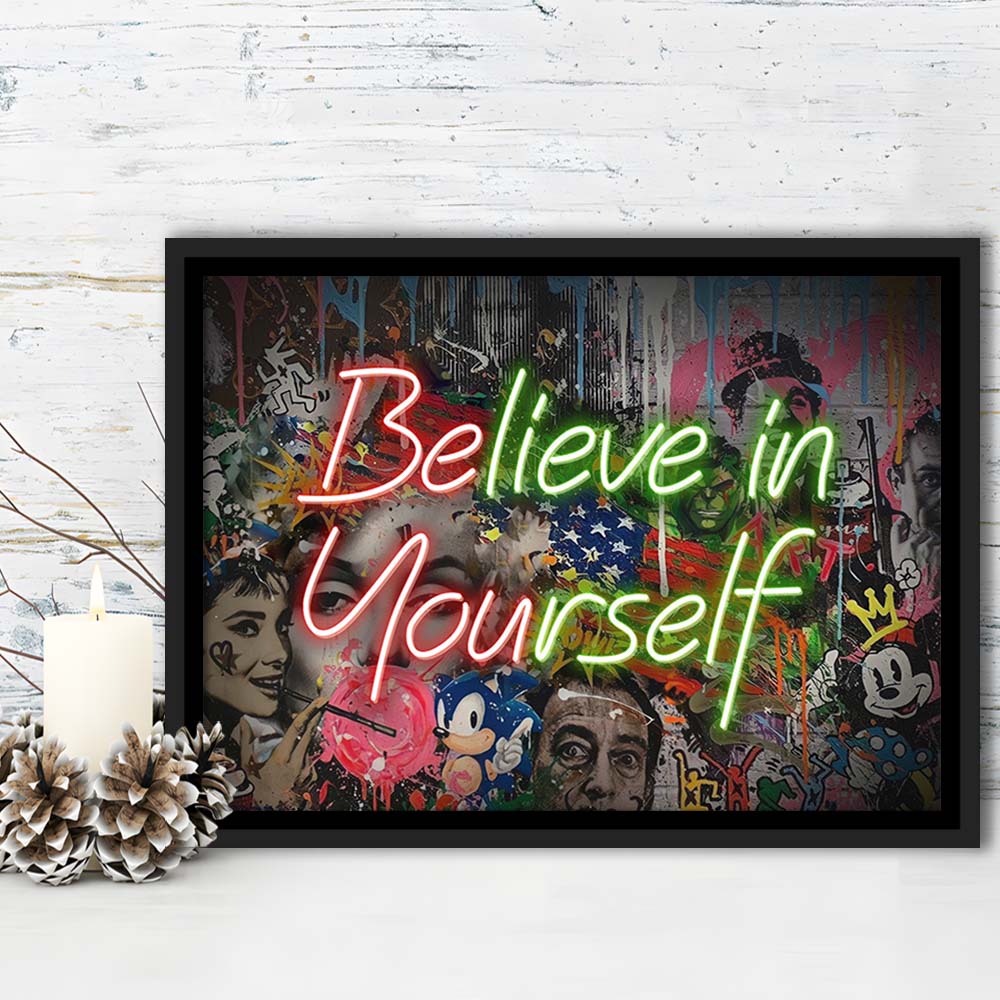Believe In Yourself Art Print, Framed Canvas Print Wall Art Decor, Floating Frame, Neon Effect Art