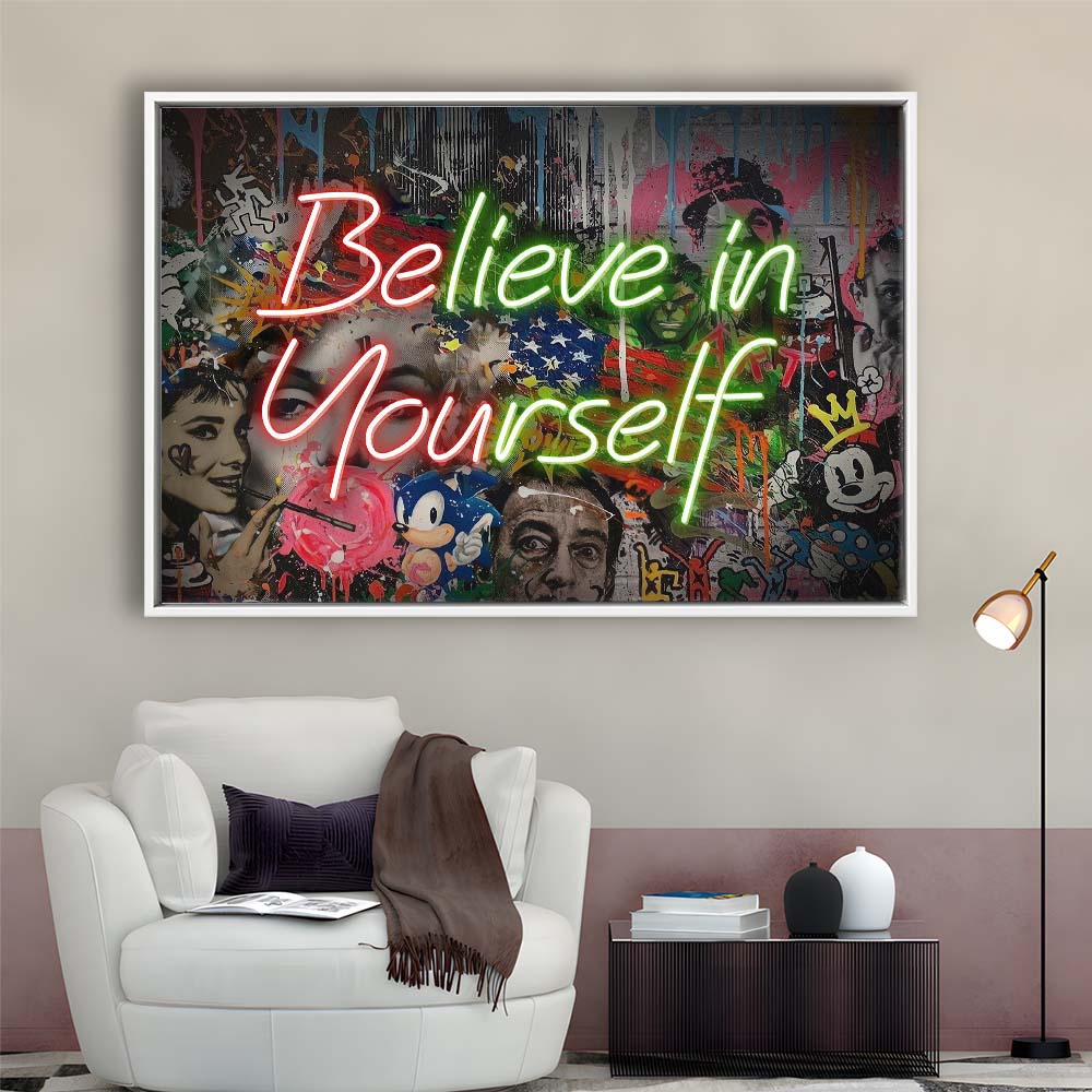 Believe In Yourself Art Print, Framed Canvas Print Wall Art Decor, Floating Frame, Neon Effect Art