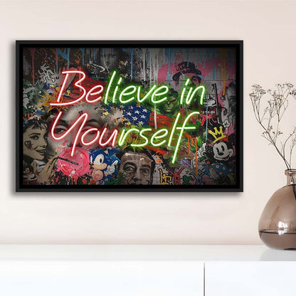 Believe In Yourself Art Print, Framed Canvas Print Wall Art Decor, Floating Frame, Neon Effect Art