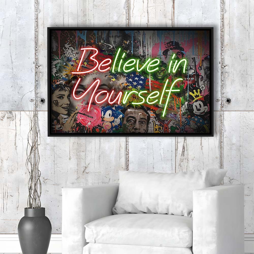 Believe In Yourself Art Print, Framed Canvas Print Wall Art Decor, Floating Frame, Neon Effect Art