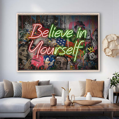 Believe In Yourself Art Print, Framed Canvas Print Wall Art Decor, Floating Frame, Neon Effect Art