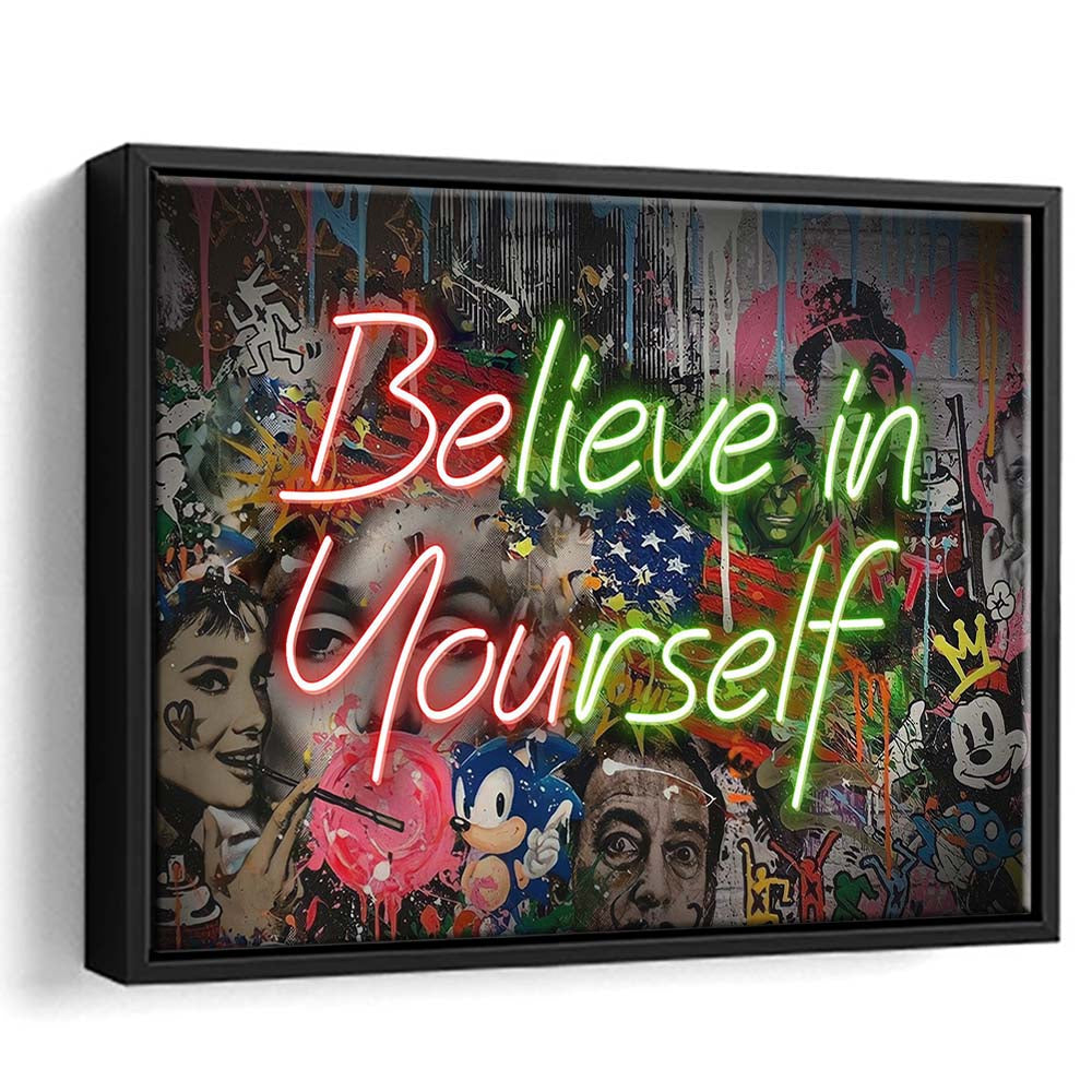 Believe In Yourself Art Print, Framed Canvas Print Wall Art Decor, Floating Frame, Neon Effect Art