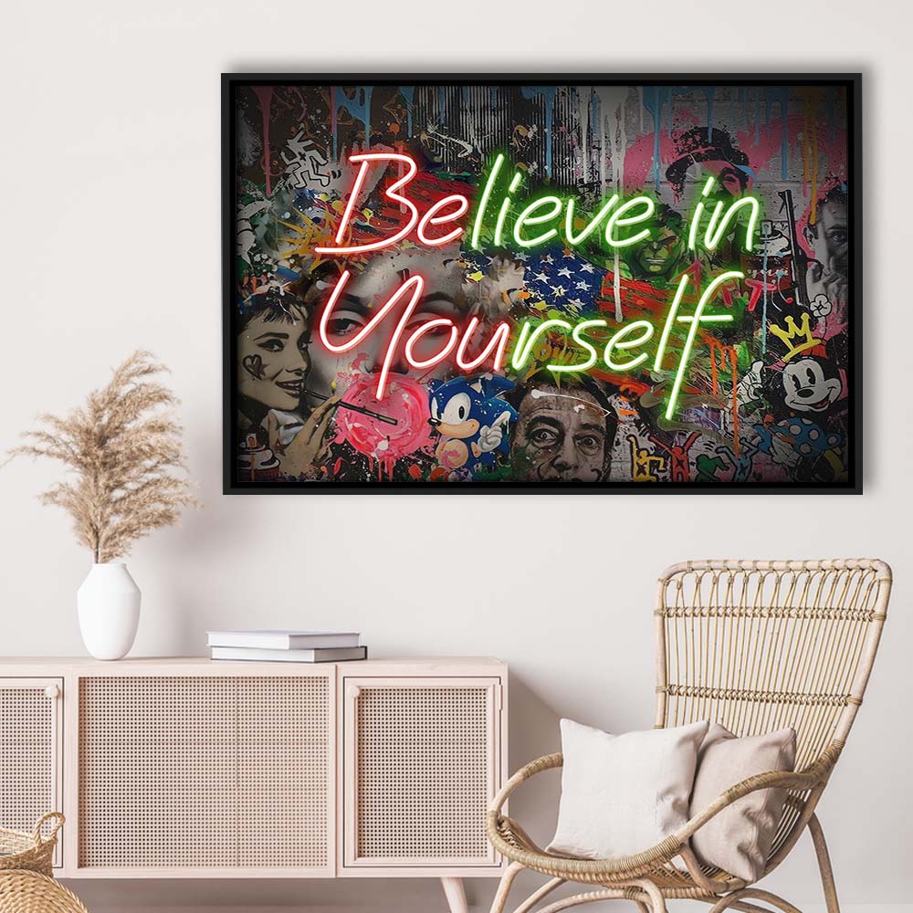 Believe In Yourself Art Print, Framed Canvas Print Wall Art Decor, Floating Frame, Neon Effect Art