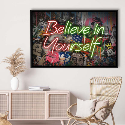Believe In Yourself Art Print, Framed Canvas Print Wall Art Decor, Floating Frame, Neon Effect Art