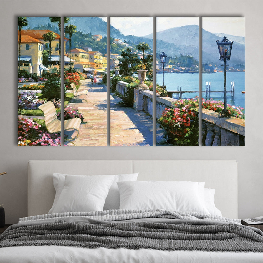 Bellagio Promenade Large Stretched Canvas Floating Frame Wall Art Print, 5 Piece B Extra Large Cavas Print Wall Art Decor