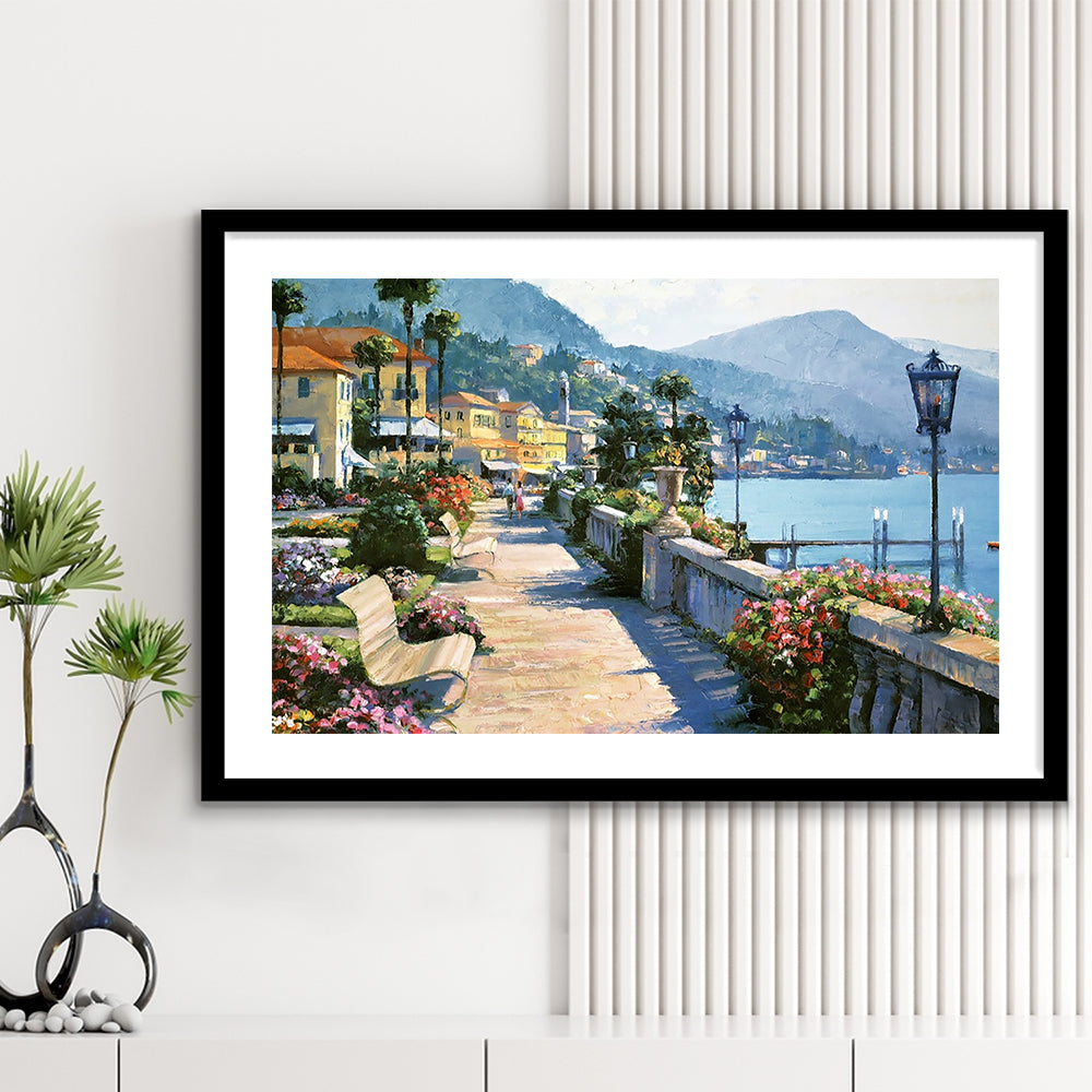 Bellagio Promenade Large Stretched Floating Frame Wall Art Print, Framed Art Print White Border