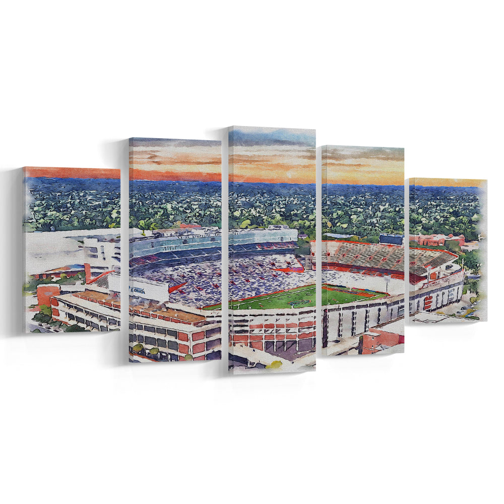 Ben Hill Griffin Stadium, Florida Gators Painting Stadium Watercolor, Sport Art, Mixed 5 Panel, Canvas Print Wall Art