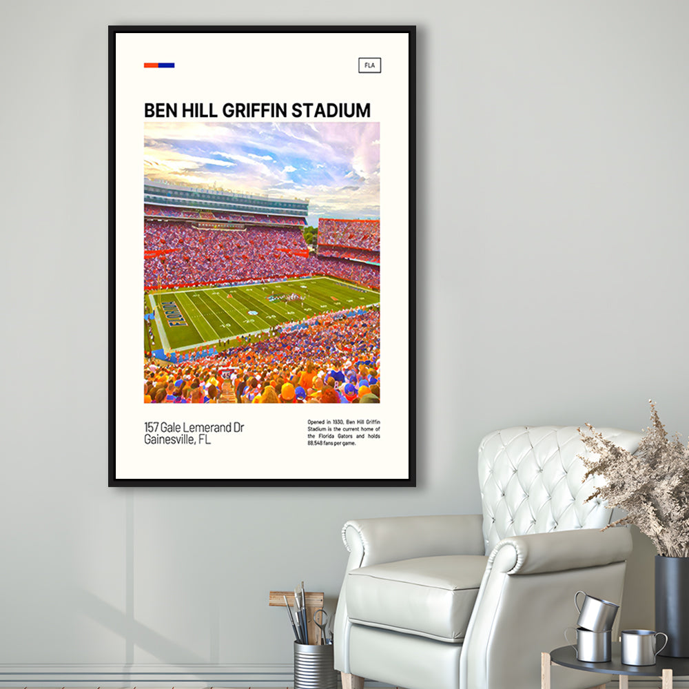 Ben Hill Griffin Stadium Print, Florida Gators Stadium Canvas Art, Man Cave Gift, Floating Framed Canvas Print Wall Art