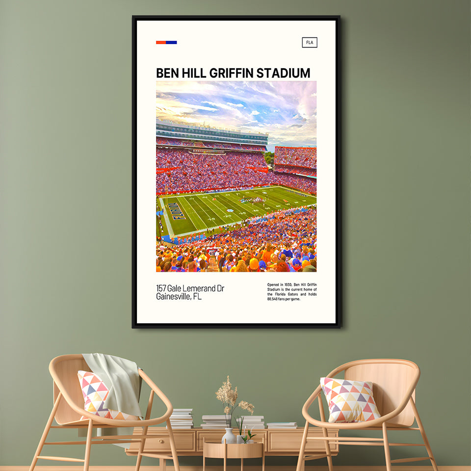Ben Hill Griffin Stadium Print, Florida Gators Stadium Canvas Art, Man Cave Gift, Floating Framed Canvas Print Wall Art