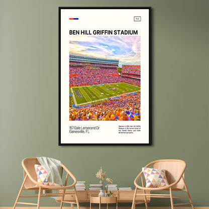 Ben Hill Griffin Stadium Print, Florida Gators Stadium Canvas Art, Man Cave Gift, Floating Framed Canvas Print Wall Art
