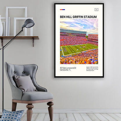 Ben Hill Griffin Stadium Print, Florida Gators Stadium Canvas Art, Man Cave Gift, Floating Framed Canvas Print Wall Art