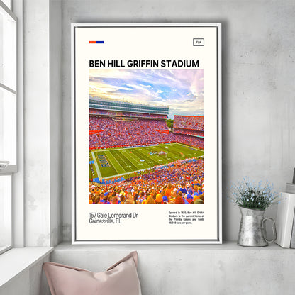 Ben Hill Griffin Stadium Print, Florida Gators Stadium Canvas Art, Man Cave Gift, Floating Framed Canvas Print Wall Art