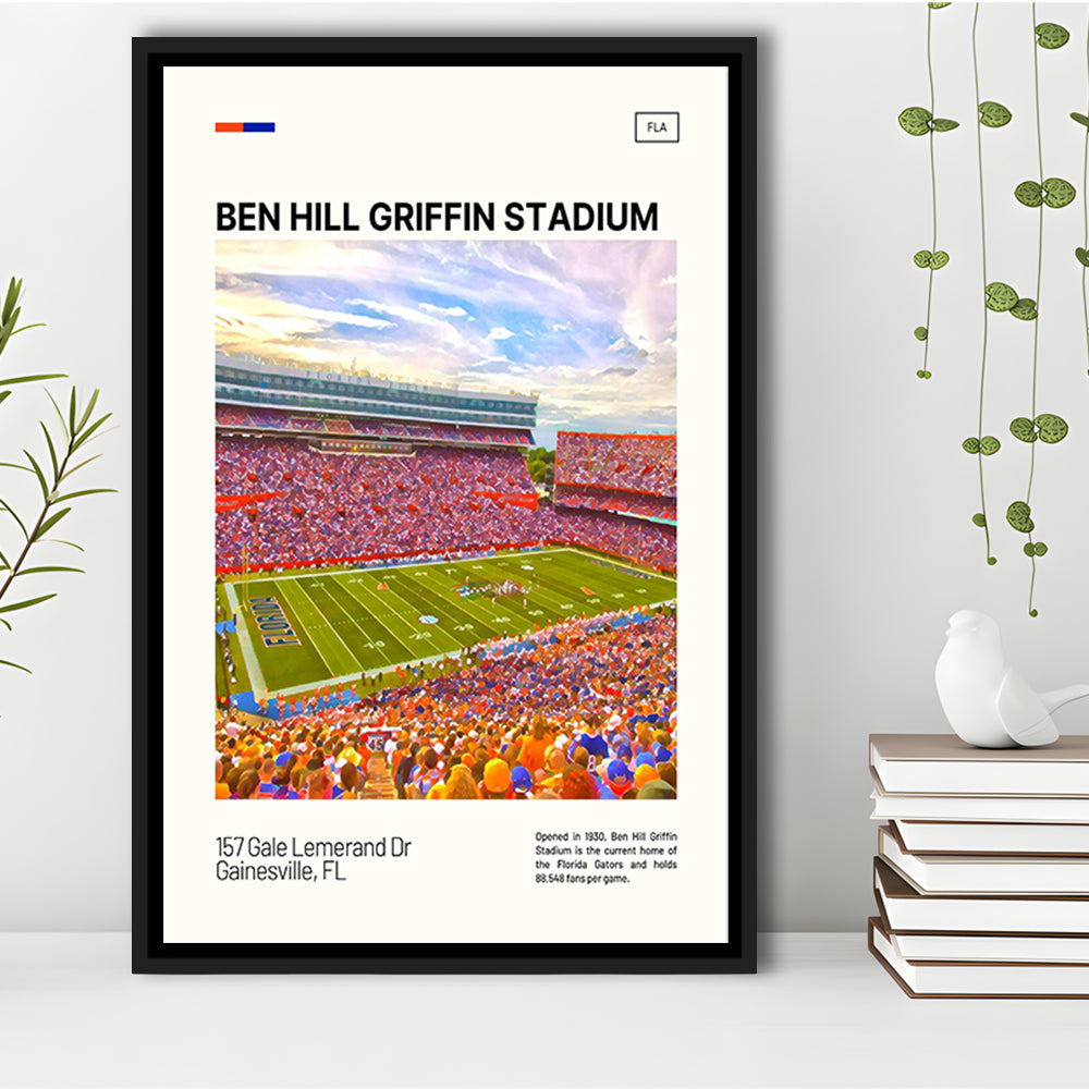 Ben Hill Griffin Stadium Print, Florida Gators Stadium Canvas Art, Man Cave Gift, Floating Framed Canvas Print Wall Art