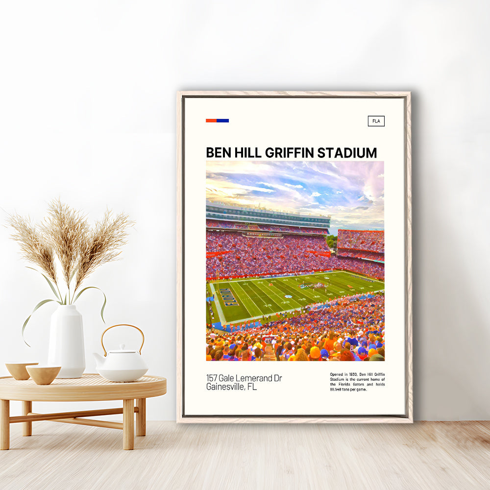 Ben Hill Griffin Stadium Print, Florida Gators Stadium Canvas Art, Man Cave Gift, Floating Framed Canvas Print Wall Art