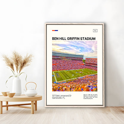 Ben Hill Griffin Stadium Print, Florida Gators Stadium Canvas Art, Man Cave Gift, Floating Framed Canvas Print Wall Art