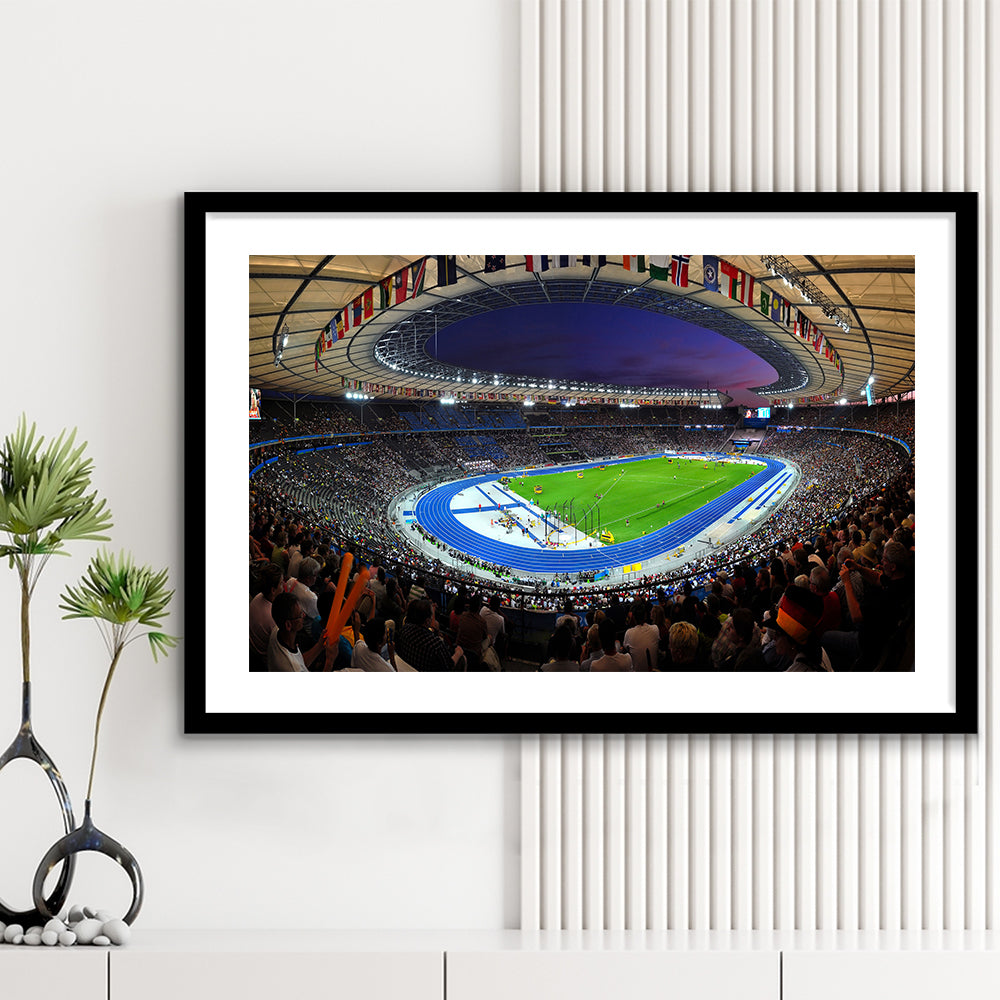 Berliner Olympiastadion Night, Stadium Canvas, Sport Art, Gift for him, White Border Framed Art Print Wall Decor