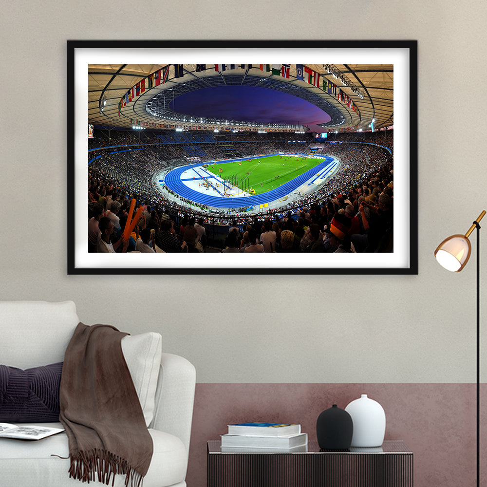 Berliner Olympiastadion Night, Stadium Canvas, Sport Art, Gift for him, White Border Framed Art Print Wall Decor