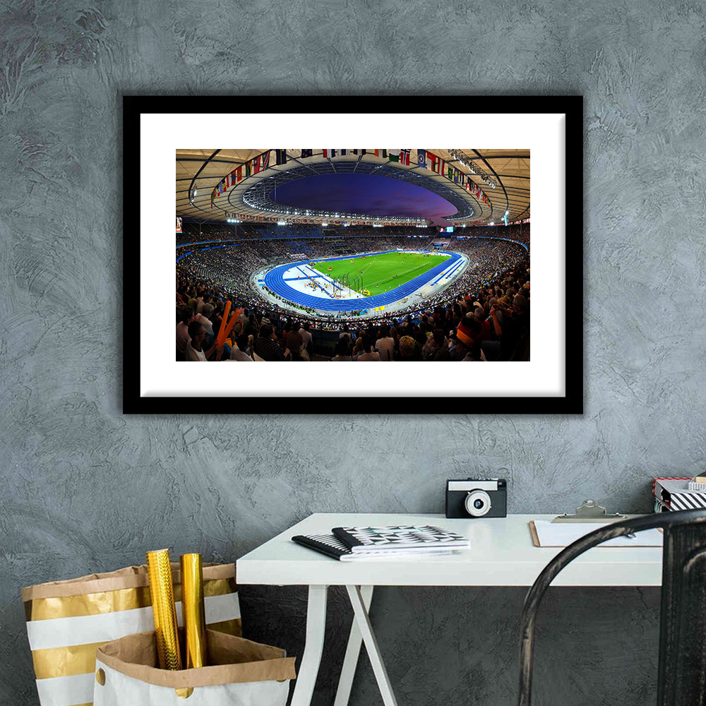 Berliner Olympiastadion Night, Stadium Canvas, Sport Art, Gift for him, White Border Framed Art Print Wall Decor