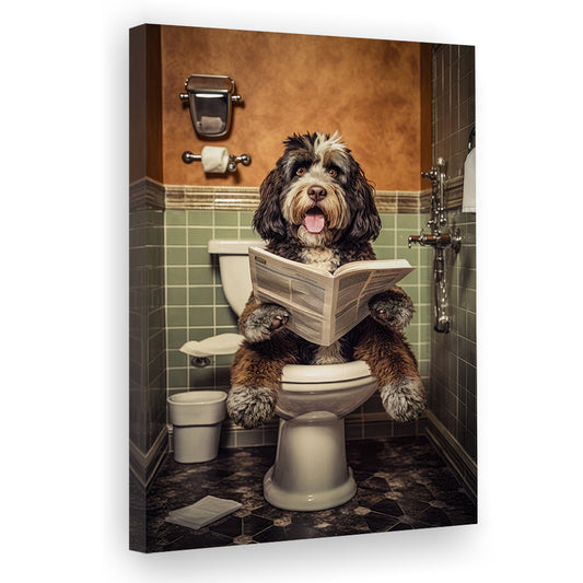 Bernedoodle Dog On The Toilet Reading Newspaper, Canvas Print Wall Art, Wall Decor, Painting Canvas