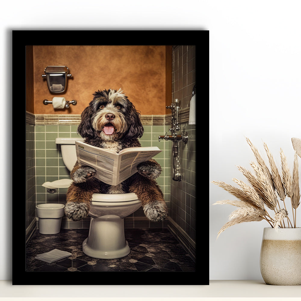Bernedoodle Dog On The Toilet Reading Newspaper, Framed Art Print Wall Decor, Picture Framed