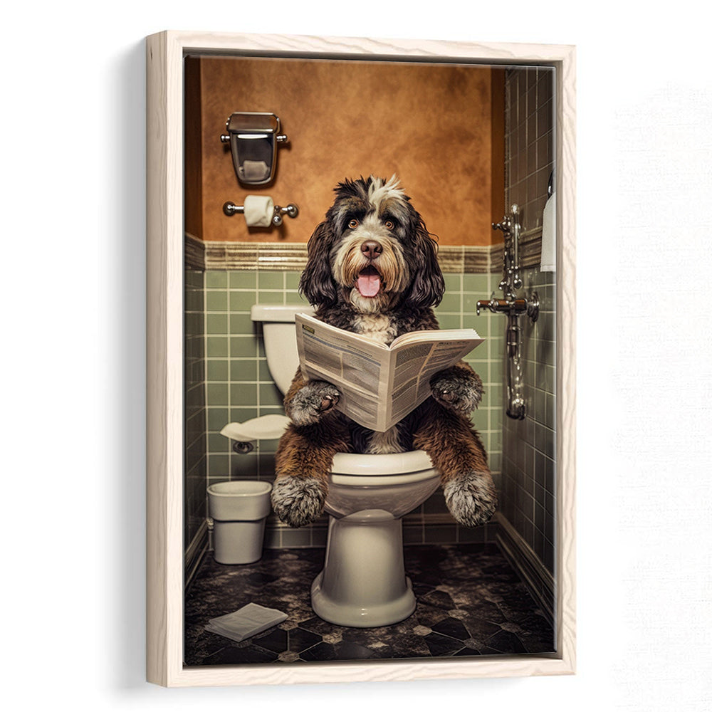 Bernedoodle Dog On The Toilet Reading Newspaper, Framed Canvas Print Wall Art, Floating Frame