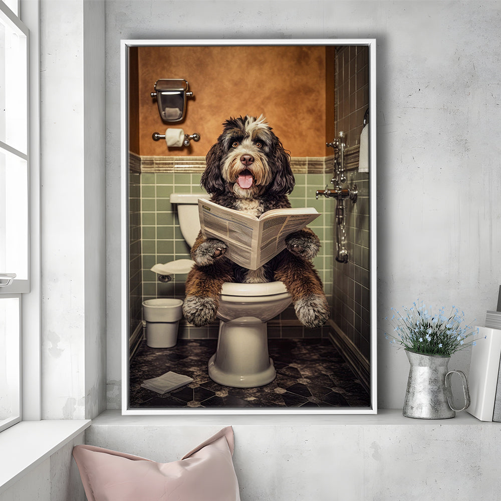 Bernedoodle Dog On The Toilet Reading Newspaper, Framed Canvas Print Wall Art, Floating Frame