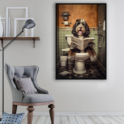 Bernedoodle Dog On The Toilet Reading Newspaper, Framed Canvas Print Wall Art, Floating Frame