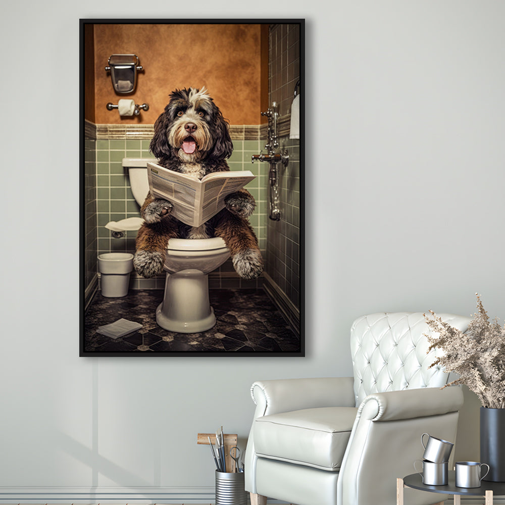 Bernedoodle Dog On The Toilet Reading Newspaper, Framed Canvas Print Wall Art, Floating Frame