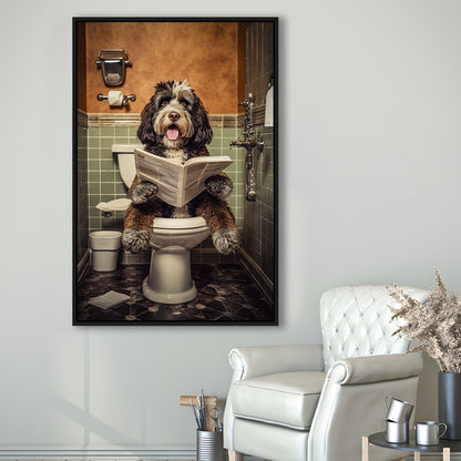 Bernedoodle Dog On The Toilet Reading Newspaper, Framed Canvas Print Wall Art, Floating Frame