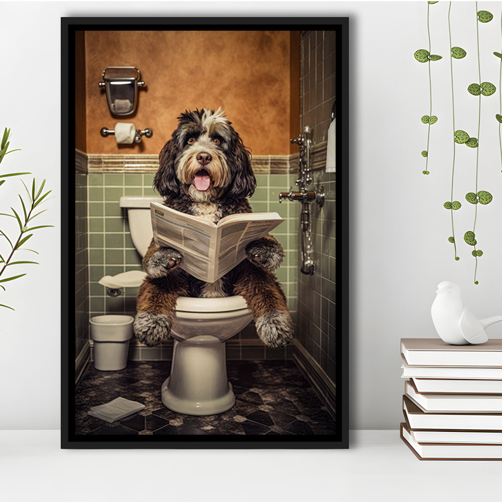 Bernedoodle Dog On The Toilet Reading Newspaper, Framed Canvas Print Wall Art, Floating Frame