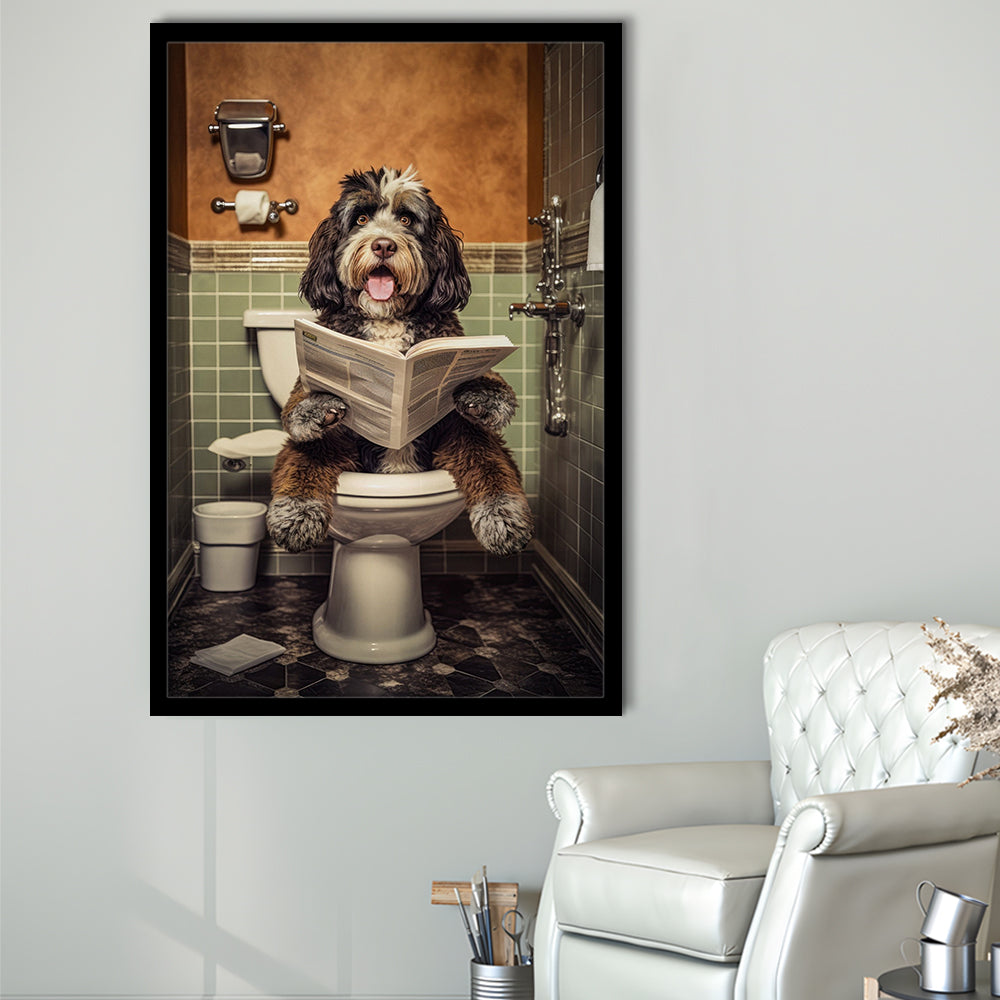 Bernedoodle Dog On The Toilet Reading Newspaper, Framed Art Print Wall Decor, Picture Framed