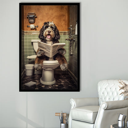 Bernedoodle Dog On The Toilet Reading Newspaper, Framed Art Print Wall Decor, Picture Framed