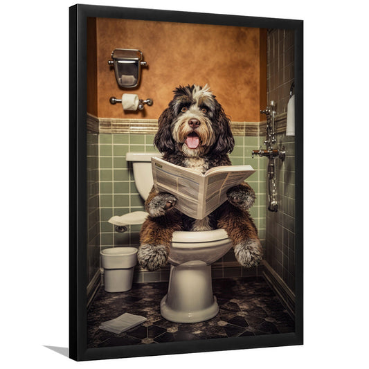 Bernedoodle Dog On The Toilet Reading Newspaper, Framed Art Print Wall Decor, Picture Framed