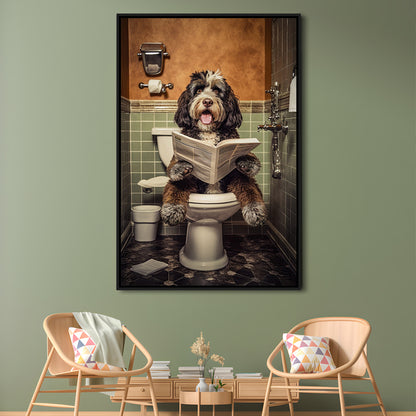 Bernedoodle Dog On The Toilet Reading Newspaper, Framed Canvas Print Wall Art, Floating Frame