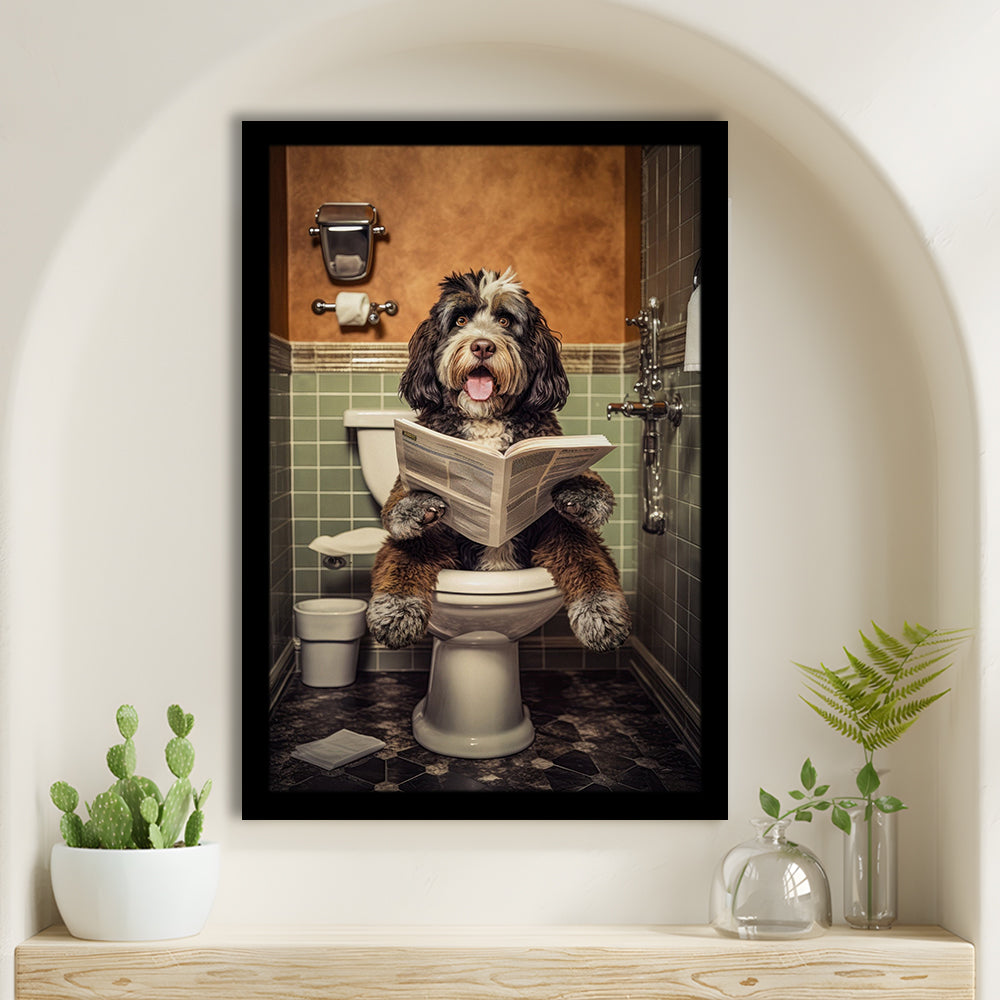 Bernedoodle Dog On The Toilet Reading Newspaper, Framed Art Print Wall Decor, Picture Framed