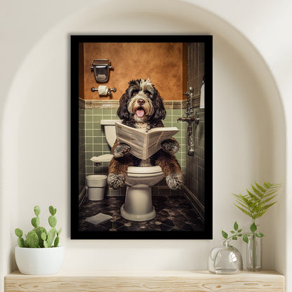 Bernedoodle Dog On The Toilet Reading Newspaper, Framed Art Print Wall Decor, Picture Framed