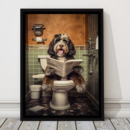 Bernedoodle Dog On The Toilet Reading Newspaper, Framed Canvas Print Wall Art, Floating Frame