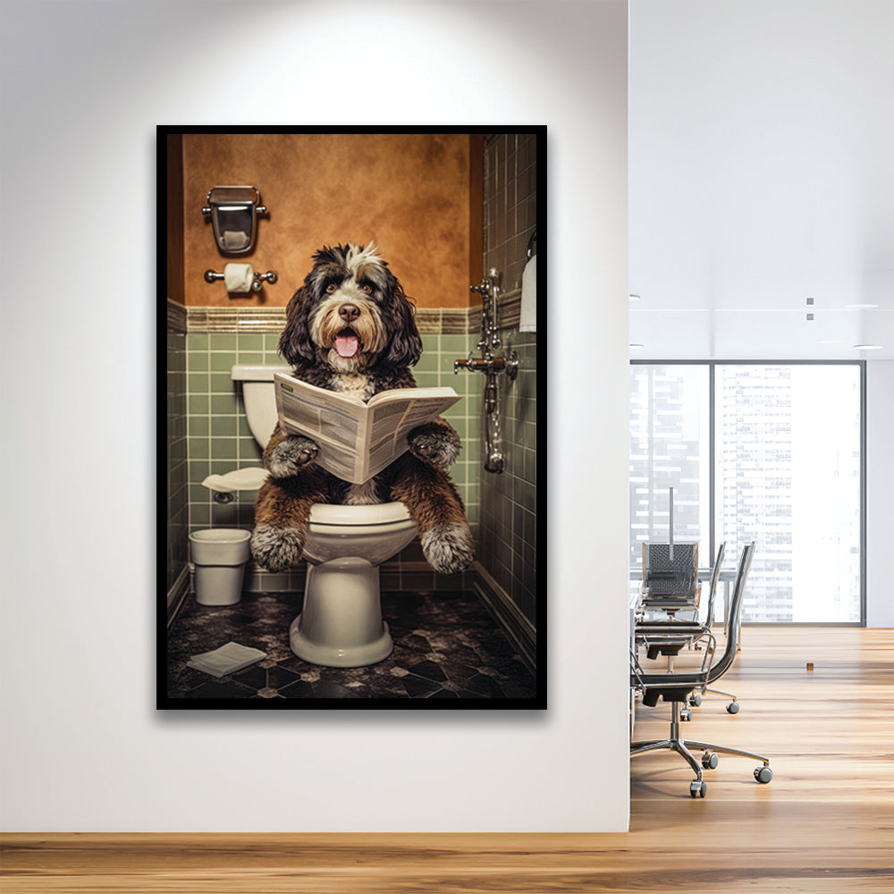 Bernedoodle Dog On The Toilet Reading Newspaper, Framed Art Print Wall Decor, Picture Framed
