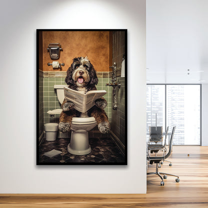 Bernedoodle Dog On The Toilet Reading Newspaper, Framed Art Print Wall Decor, Picture Framed