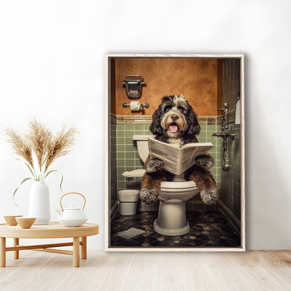 Bernedoodle Dog On The Toilet Reading Newspaper, Framed Canvas Print Wall Art, Floating Frame