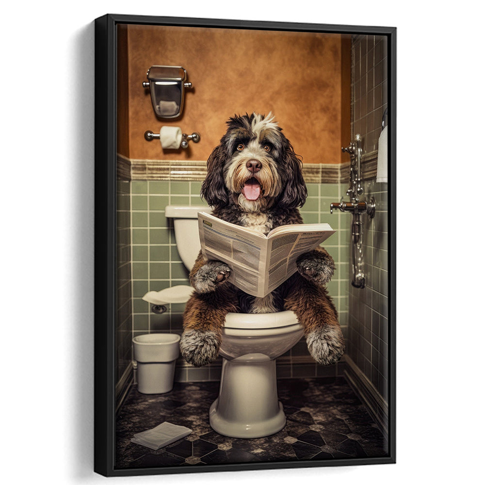 Bernedoodle Dog On The Toilet Reading Newspaper, Framed Canvas Print Wall Art, Floating Frame