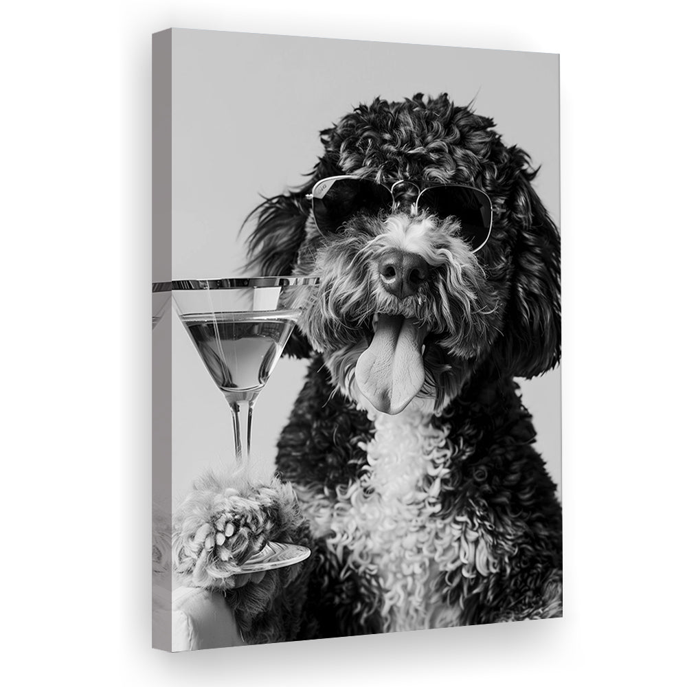 Bernedoodle Holding Cocktail Canvas Print Wall Art, Black and White, Dog Gift, Martini Glass Print, Bar Cart Art Decor