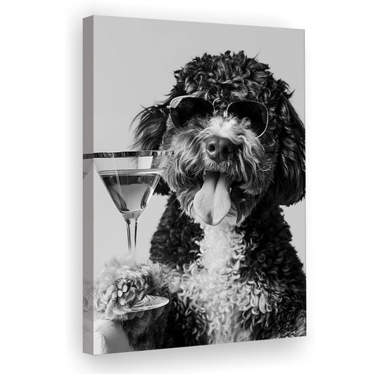 Bernedoodle Holding Cocktail Canvas Print Wall Art, Black and White, Dog Gift, Martini Glass Print, Bar Cart Art Decor