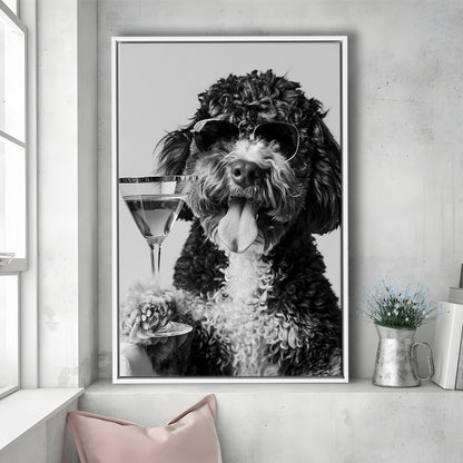 Bernedoodle Holding Cocktail Framed Canvas Print Wall Art, Black and White, Dog Gift, Bar Cart Art Decor
