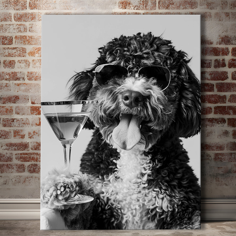 Bernedoodle Holding Cocktail Canvas Print Wall Art, Black and White, Dog Gift, Martini Glass Print, Bar Cart Art Decor
