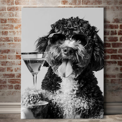 Bernedoodle Holding Cocktail Canvas Print Wall Art, Black and White, Dog Gift, Martini Glass Print, Bar Cart Art Decor