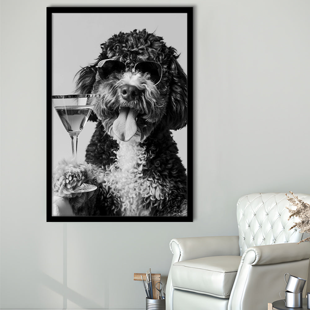 Bernedoodle Holding Cocktail Framed Art Print Wall Decor, Black and White, Dog Gift, Bar Cart Art Decor
