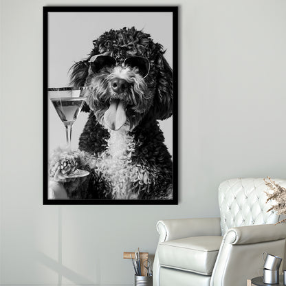 Bernedoodle Holding Cocktail Framed Art Print Wall Decor, Black and White, Dog Gift, Bar Cart Art Decor