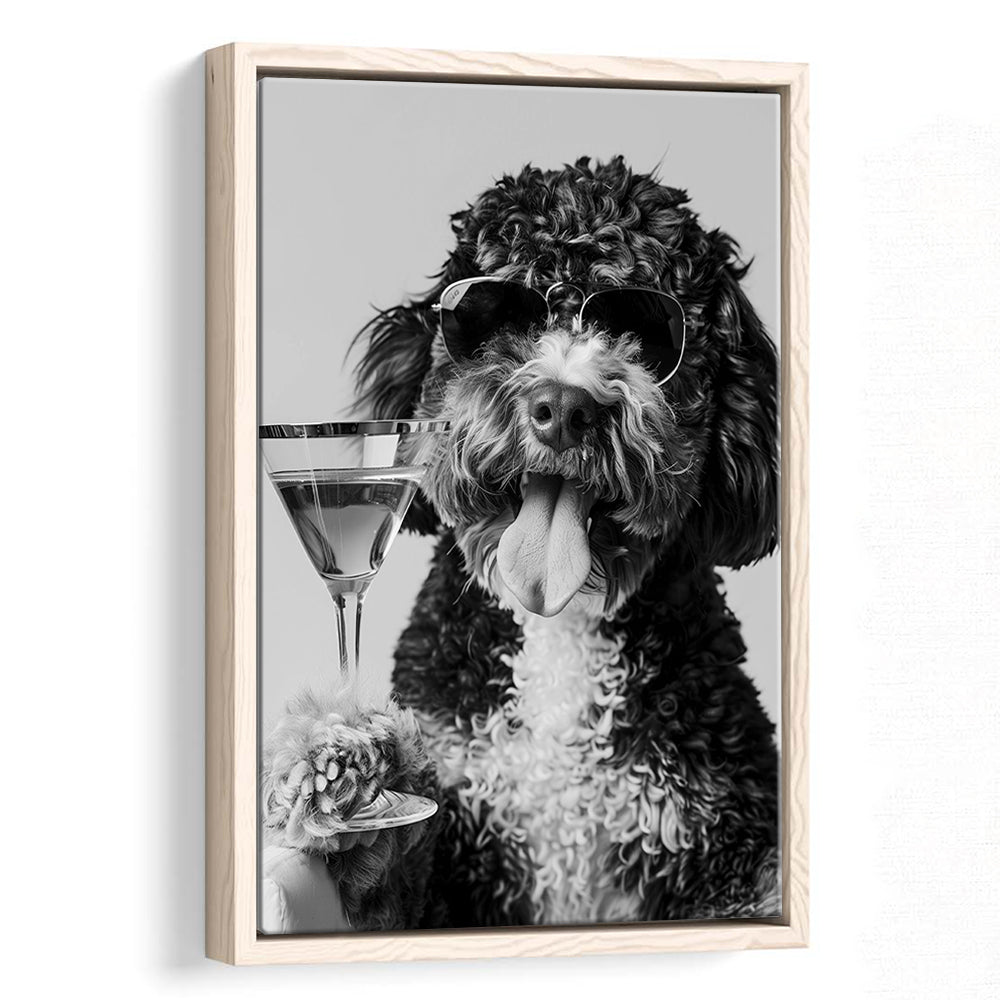 Bernedoodle Holding Cocktail Framed Canvas Print Wall Art, Black and White, Dog Gift, Bar Cart Art Decor