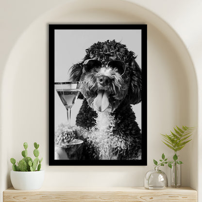 Bernedoodle Holding Cocktail Framed Art Print Wall Decor, Black and White, Dog Gift, Bar Cart Art Decor